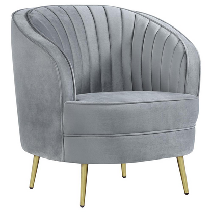 Grey Sophia upholstered channel tufted barrel accent chair by Start2Finish, showing plush fabric and stylish design.