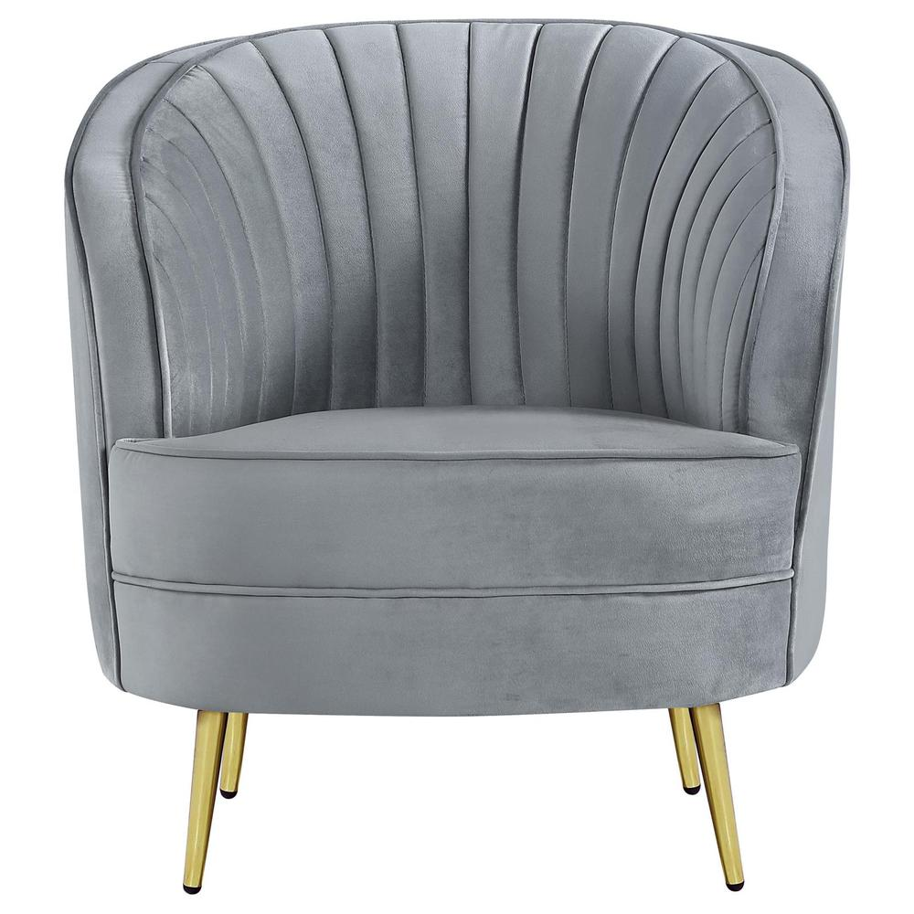 Start2Finish Sophia grey upholstered channel tufted barrel accent chair with rounded armrests and tufted back for stylish comfort.