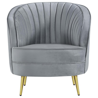Start2Finish Sophia grey upholstered channel tufted barrel accent chair with rounded armrests and tufted back for stylish comfort.