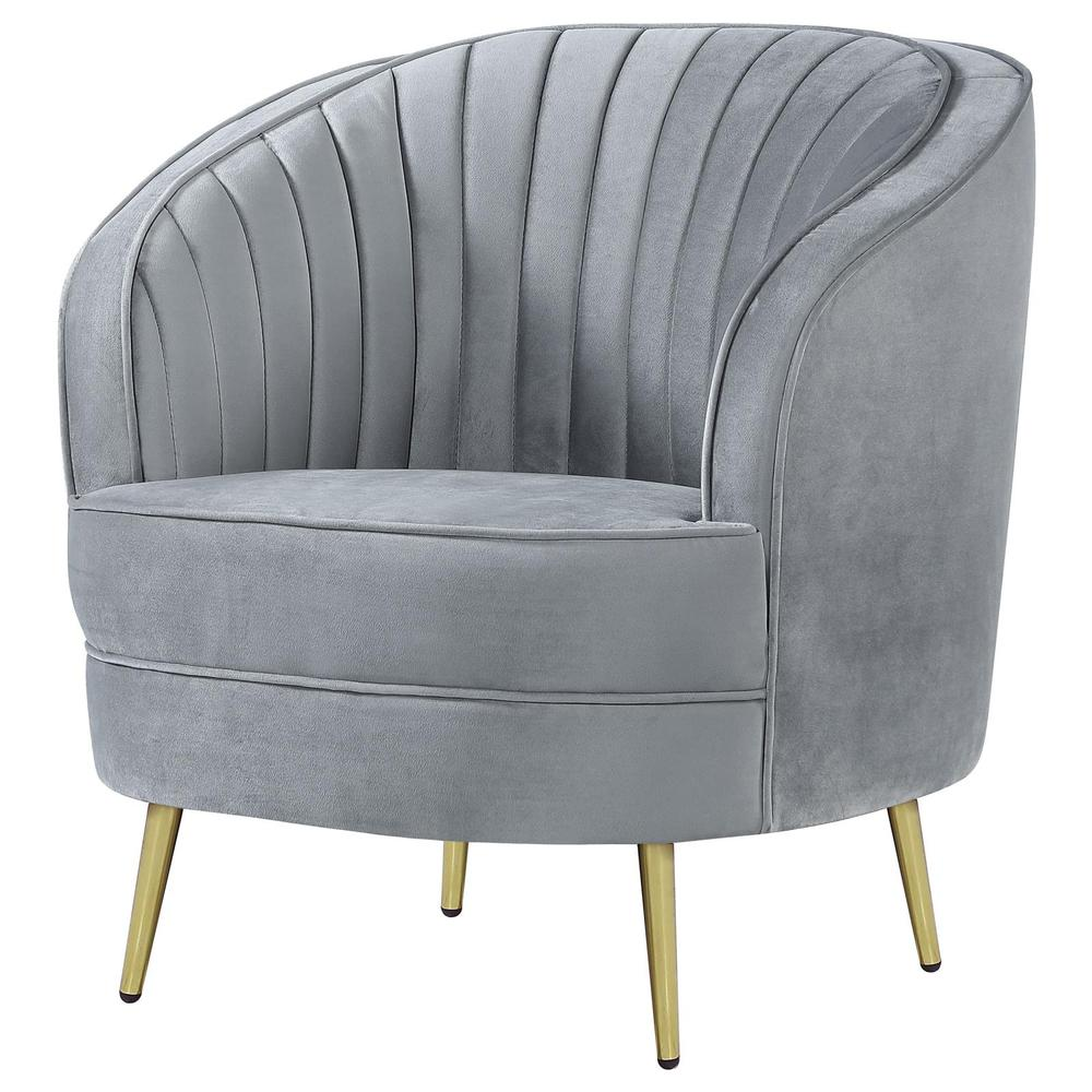 Grey Sophia upholstered channel tufted barrel accent chair with plush fabric and stylish design.