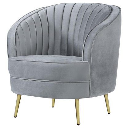Grey Sophia upholstered channel tufted barrel accent chair with plush fabric and stylish design.