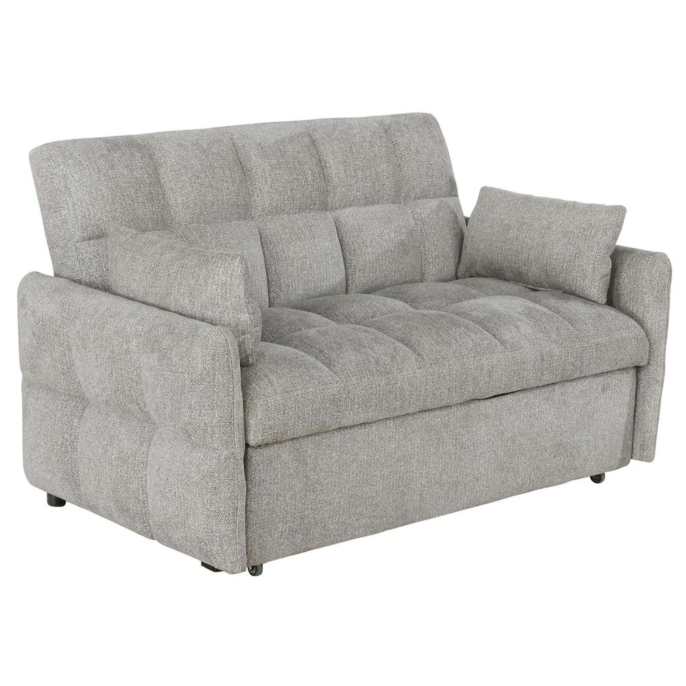 Light grey Cotswold upholstered convertible sleeper sofa bed by Start2Finish, shown in sofa and bed configurations.