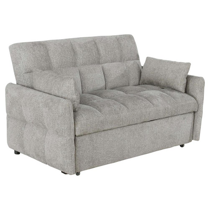 Light grey Cotswold upholstered convertible sleeper sofa bed by Start2Finish, shown in sofa and bed configurations.
