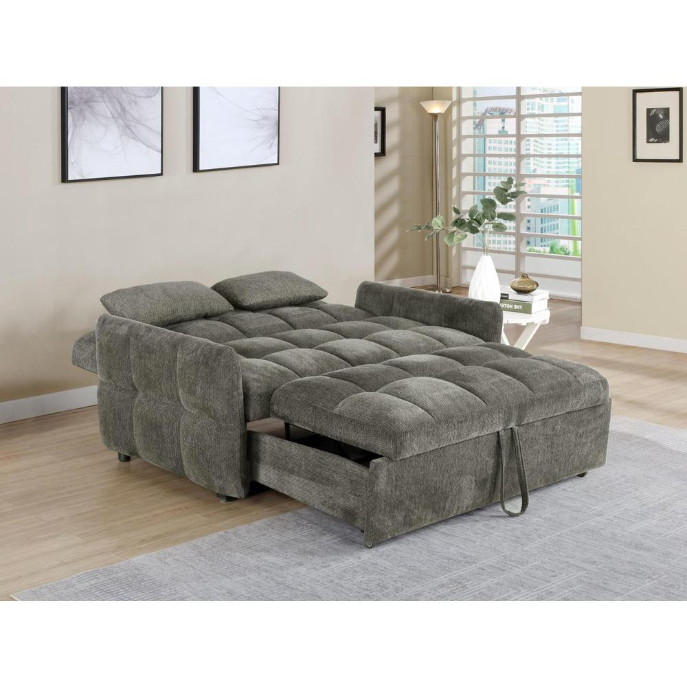 Dark grey Cotswold upholstered convertible sleeper sofa bed by Start2Finish, shown in sofa and bed positions.