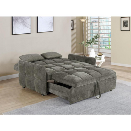 Dark grey Cotswold upholstered convertible sleeper sofa bed by Start2Finish, shown in sofa and bed positions.