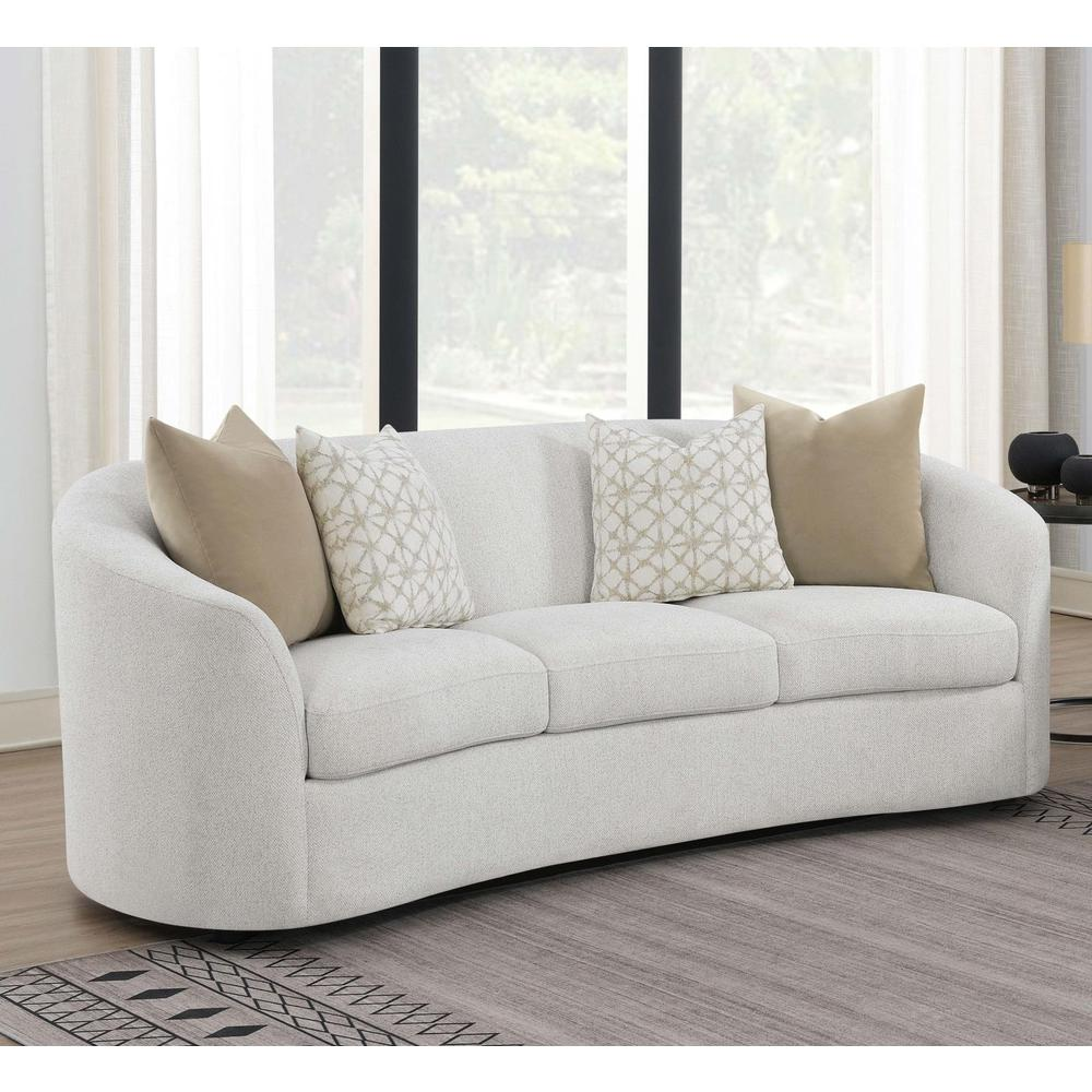 Start2Finish Rainn Boucle Upholstered Sloped Arm Sofa in latte color, showcasing plush boucle fabric and modern sloped arm design.