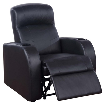 Start2Finish Cyrus black upholstered track arm recliner with cushioned seat and back, modern furniture piece for living room comfort.