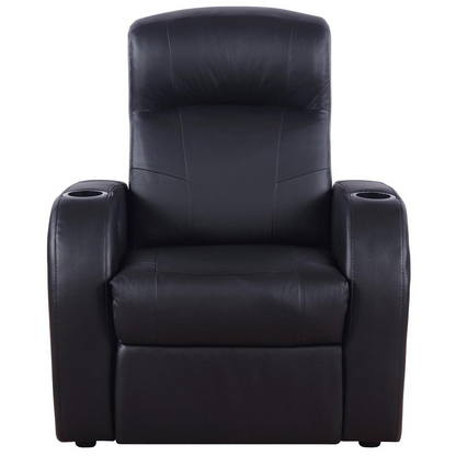 Black Cyrus upholstered track arm recliner by Start2Finish, showing the fabric-covered back, armrests, and reclining footrest.