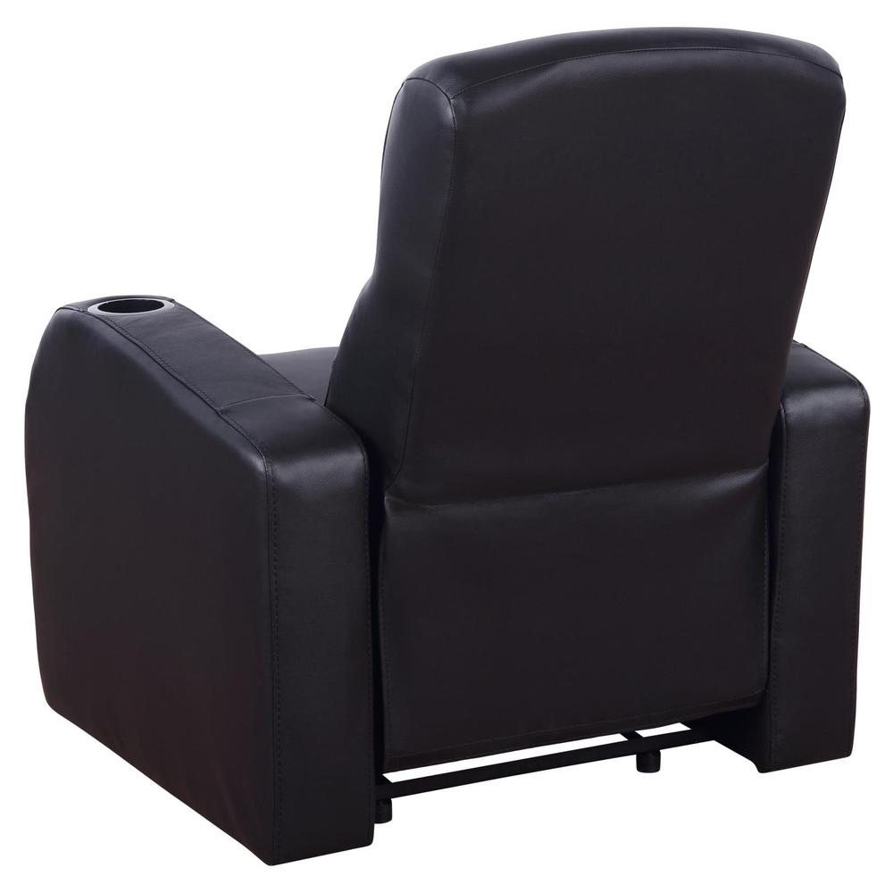 Black Cyrus upholstered track arm recliner from Start2Finish showing plush fabric, sleek design, and padded armrests.