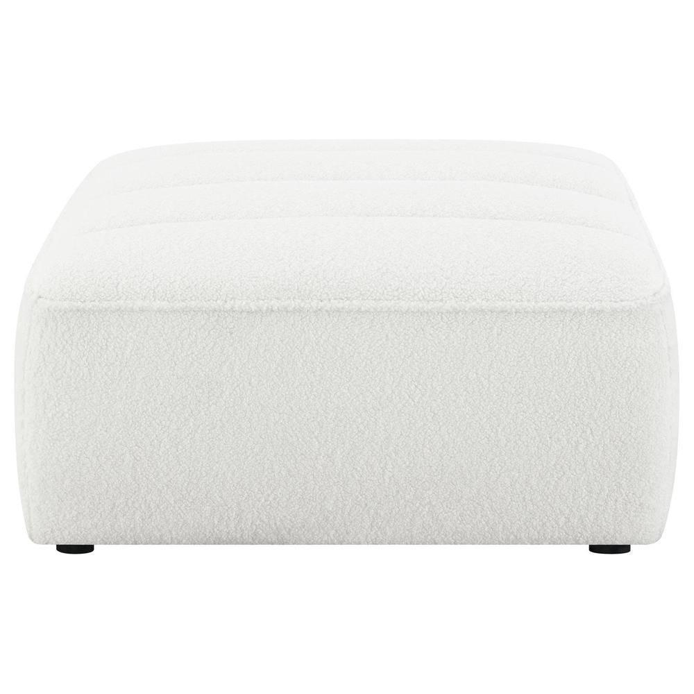 Start2Finish Sunny Square upholstered ottoman in natural fabric, showcasing its plush cushion and sturdy wooden legs.