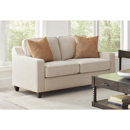 Start2Finish Christine beige upholstered loveseat with sloped arms, featuring plush cushioning and a modern furniture design.