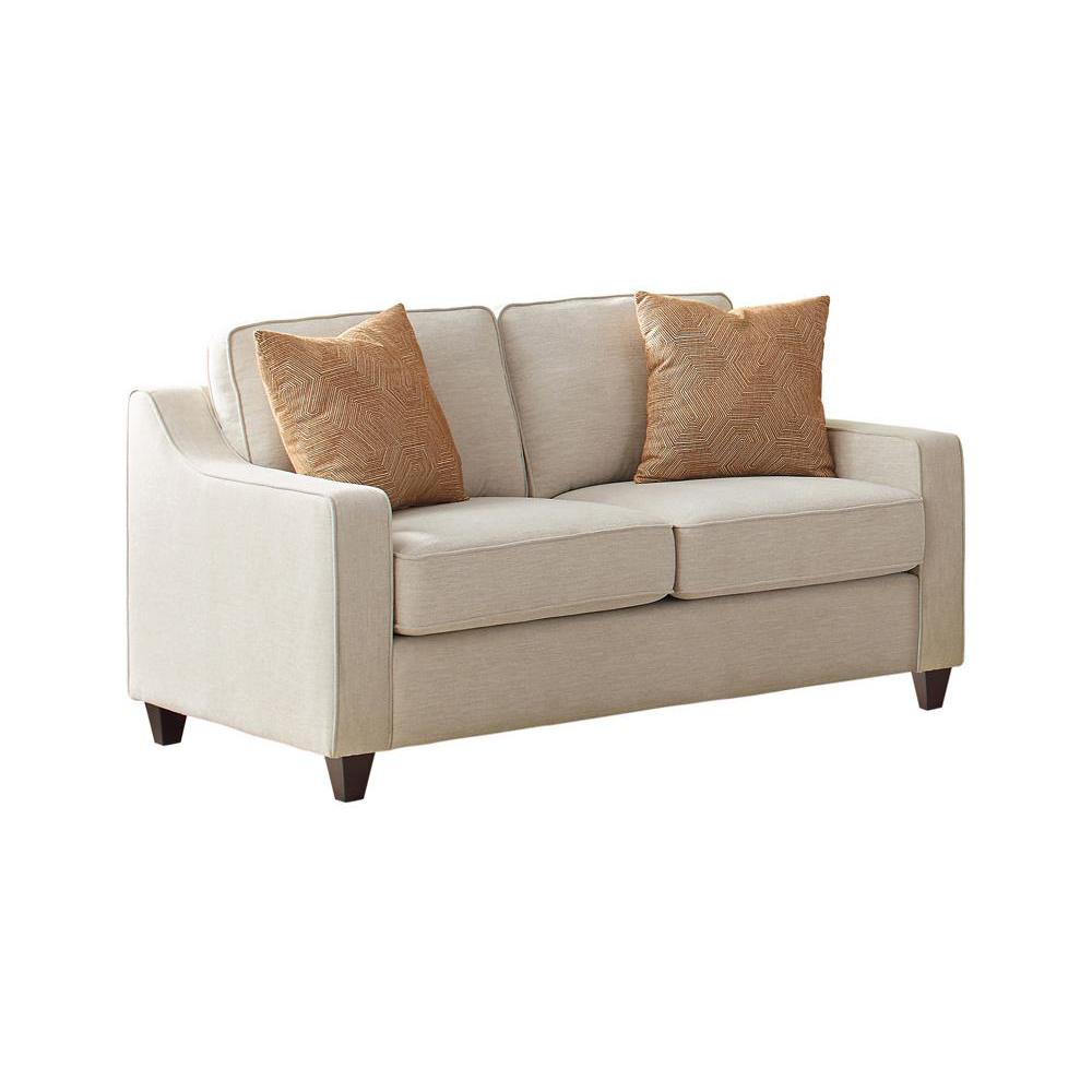 Beige upholstered Christine loveseat with sloped arms and plush cushioning, stylish furniture by Start2Finish.