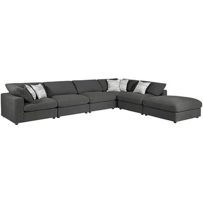Charcoal upholstered Serene 6-piece modular sectional sofa by Start2Finish, showing plush cushions and modern furniture design.