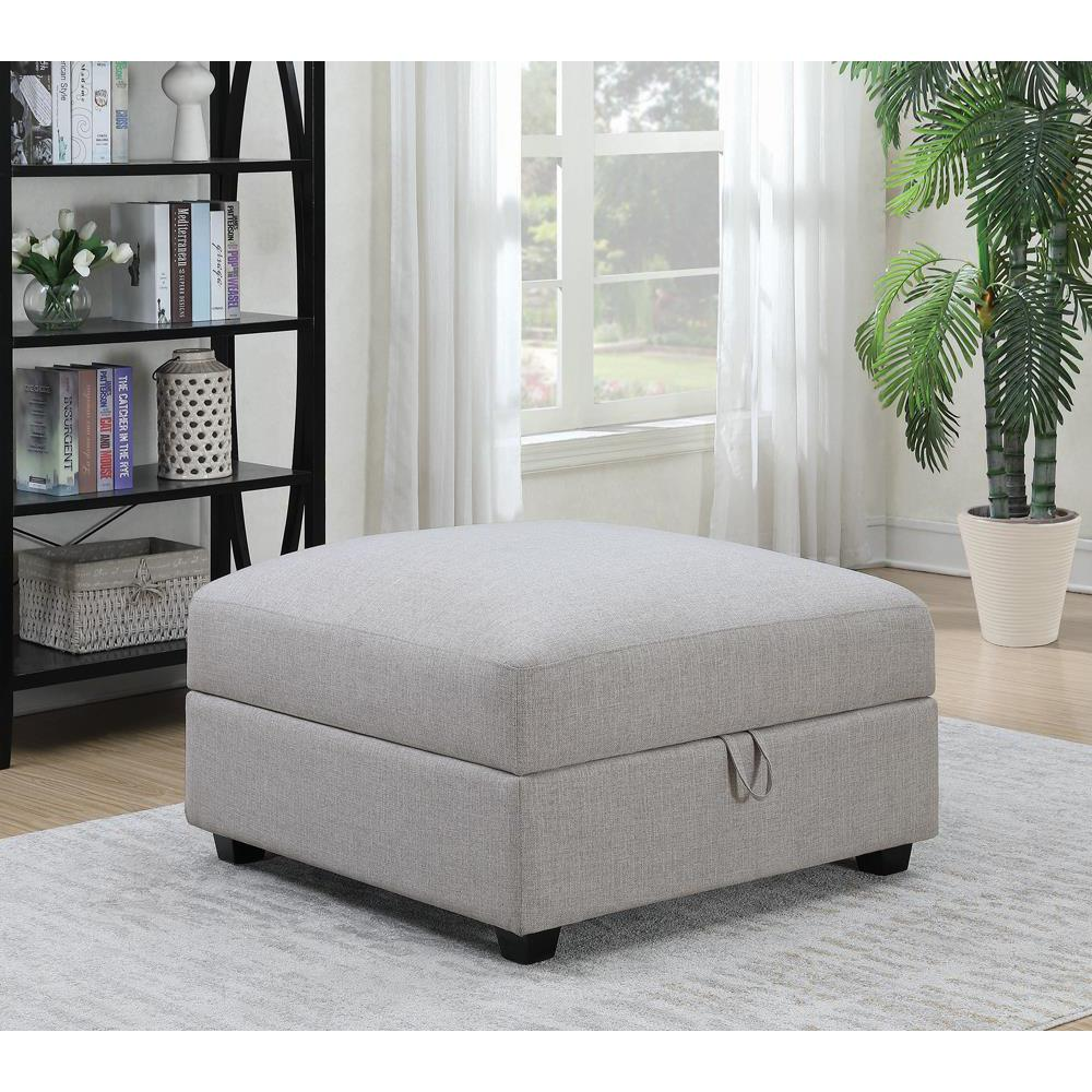 Grey Cambria Square Upholstered Storage Ottoman by Start2Finish, showing soft fabric and hinged lid for storage.