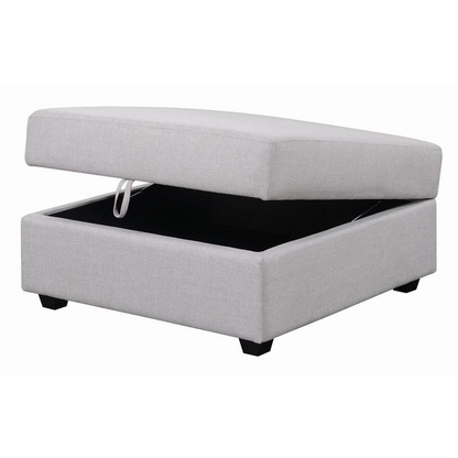 Grey Cambria Square Upholstered Storage Ottoman by Start2Finish, showing cushioned top and built-in storage space in a modern furniture design.