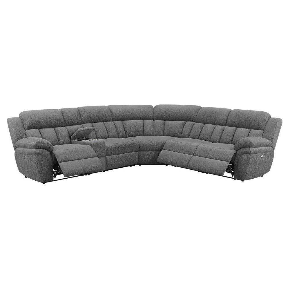 Bahrain 6-piece modular power reclining sectional sofa in charcoal fabric, with plush cushions and modern design from Start2Finish furniture.