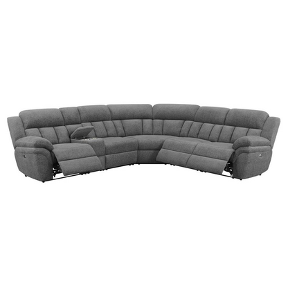 Bahrain 6-piece modular power reclining sectional sofa in charcoal fabric, with plush cushions and modern design from Start2Finish furniture.