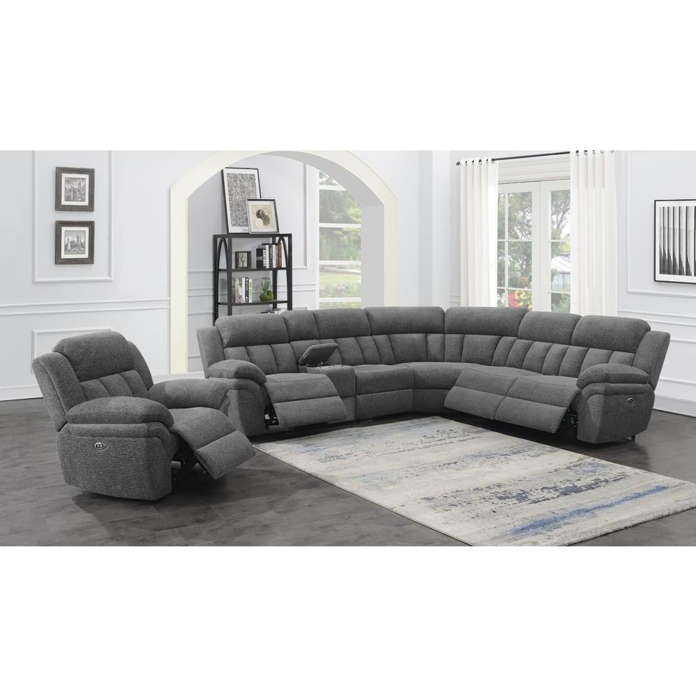 Start2Finish Bahrain 6-piece charcoal modular power reclining sectional sofa showing plush cushions and modern design.
