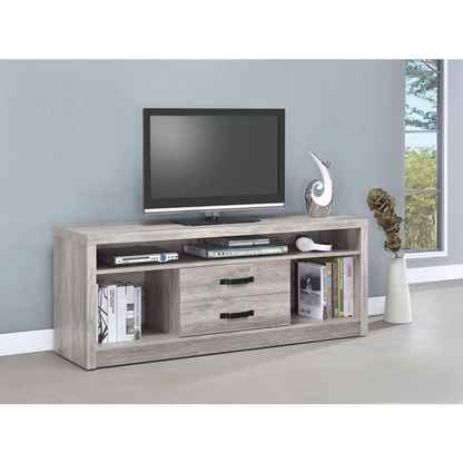 Start2Finish Burke 2-drawer engineered wood TV stand in grey driftwood, 59-inch width with a modern furniture design.