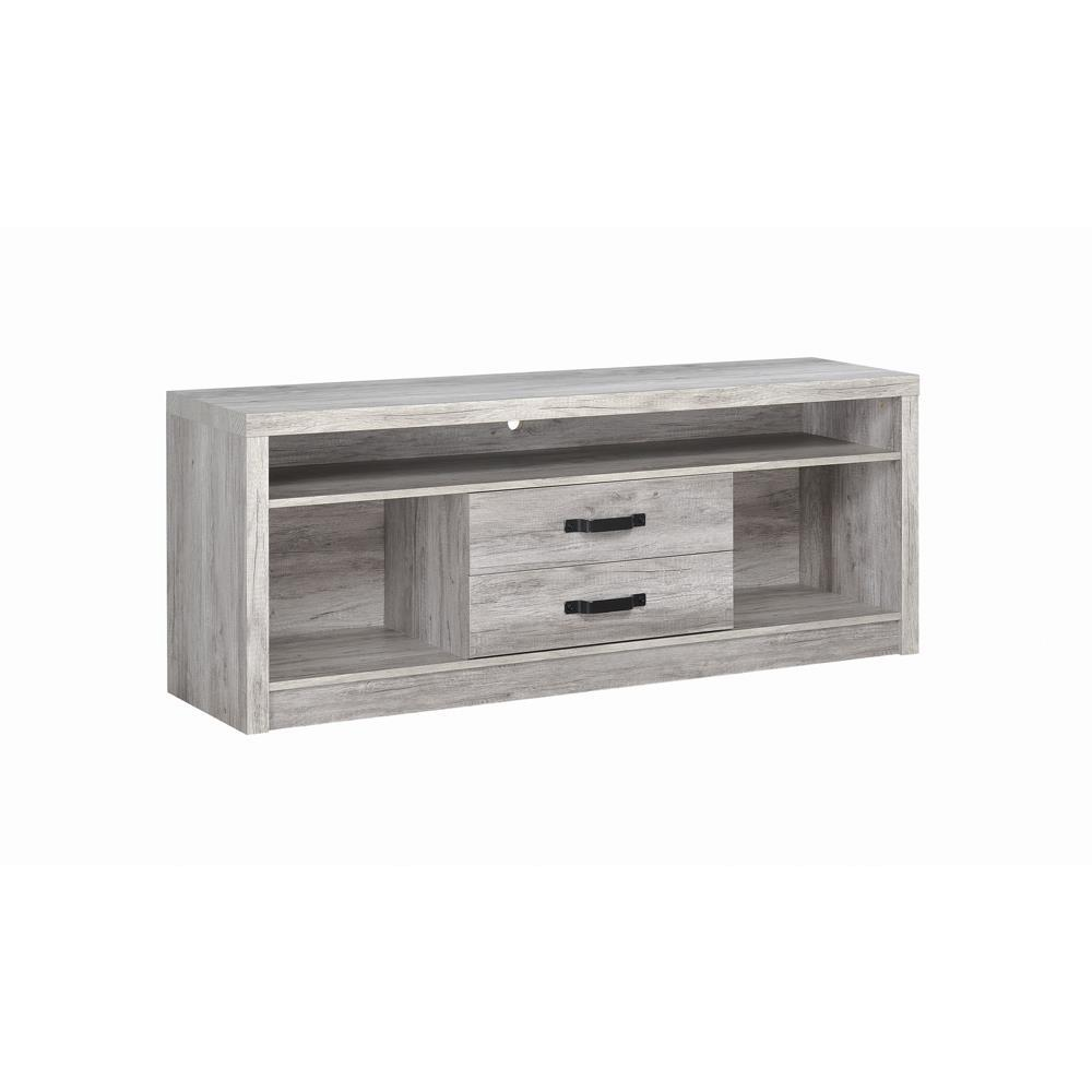 Start2Finish Burke 2-drawer grey driftwood engineered wood TV stand with spacious storage and modern design.