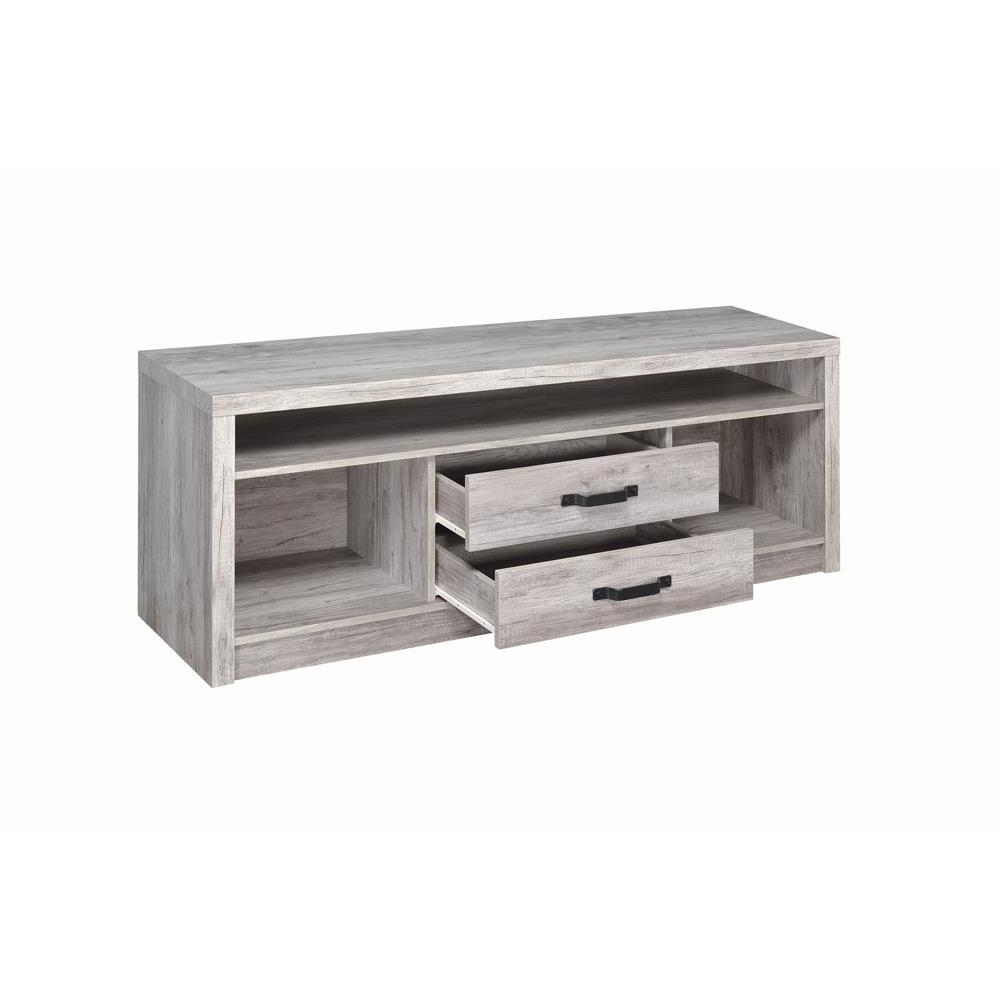 Start2Finish Burke 2-drawer grey driftwood engineered wood TV stand with modern design and two spacious drawers.