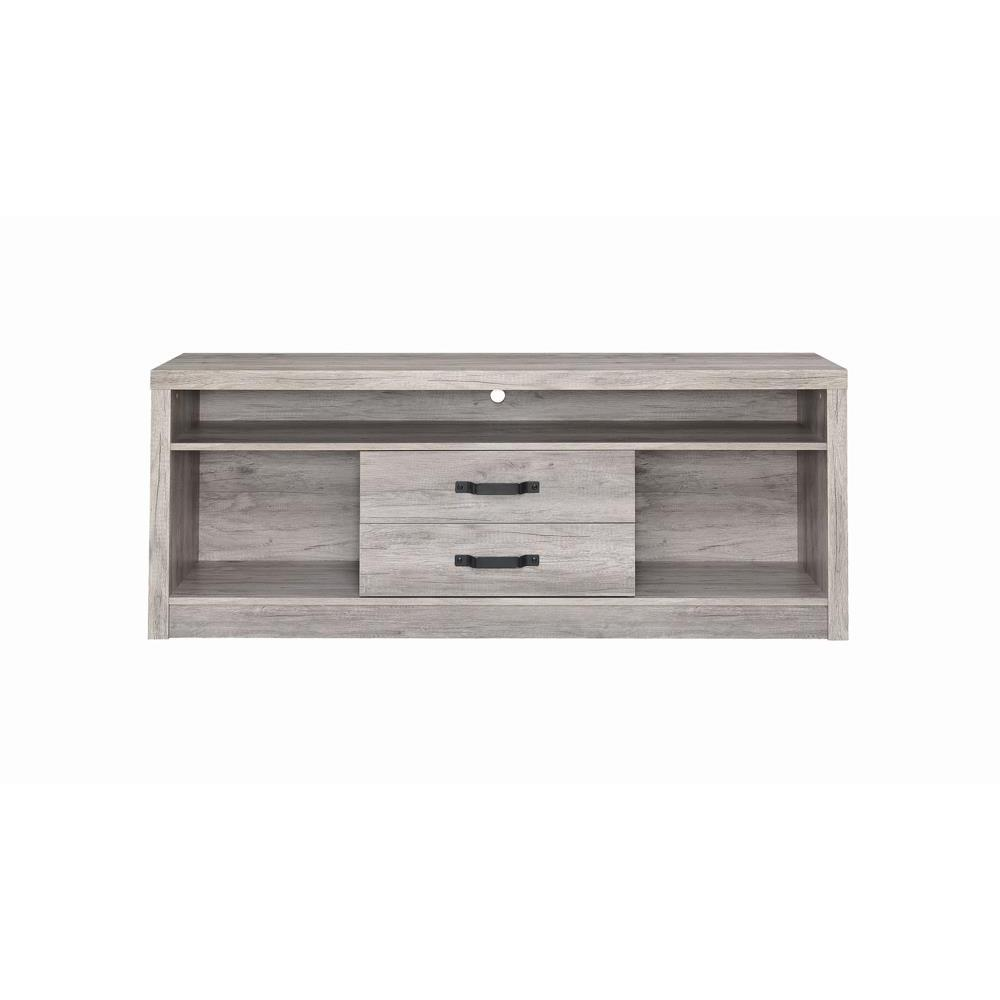 Start2Finish Burke grey driftwood 2-drawer engineered wood TV stand, 59-inch modern furniture with sleek storage drawers.
