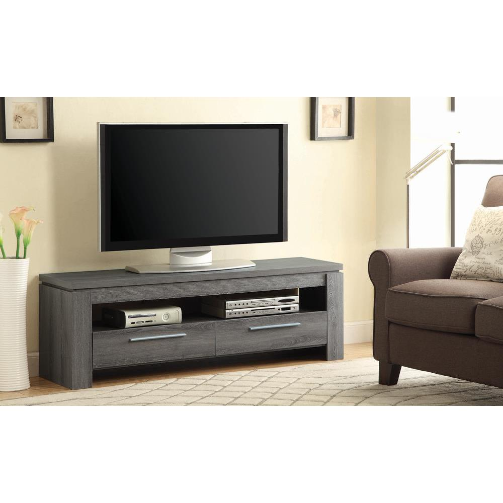 Weathered grey Elkton 2-drawer engineered wood TV stand with spacious surface and modern design from Start2Finish furniture.