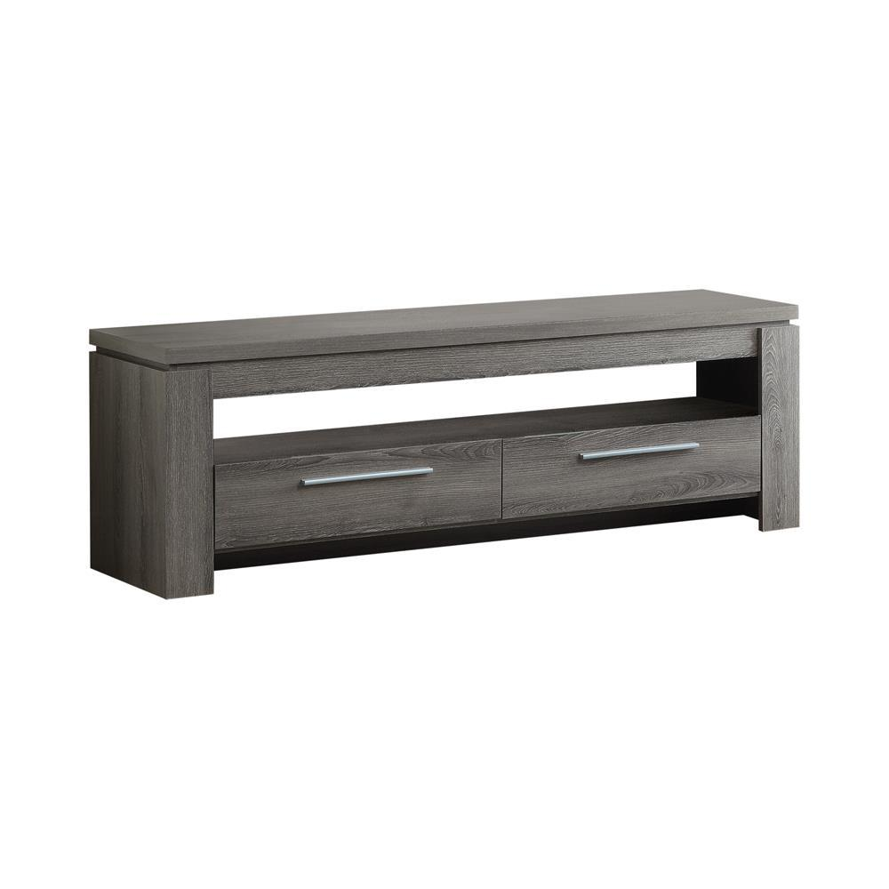 Weathered grey Elkton 2-drawer engineered wood TV stand from Start2Finish with a 59-inch length and modern furniture design.