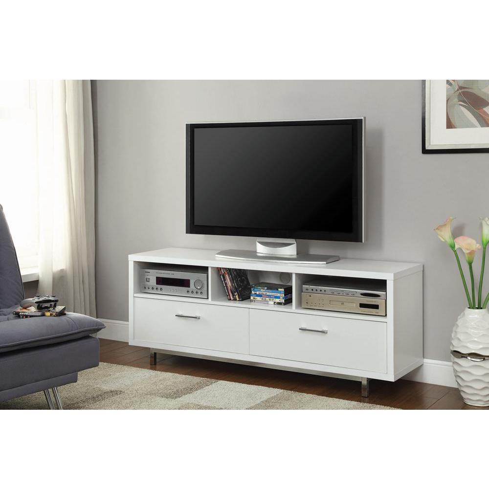 Start2Finish Casey 2-drawer white engineered wood TV stand with 60-inch width and modern furniture design.