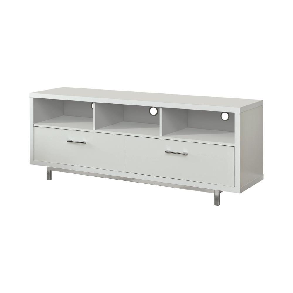 White Casey 2-drawer engineered wood TV stand with modern design and spacious storage for living room entertainment setup.