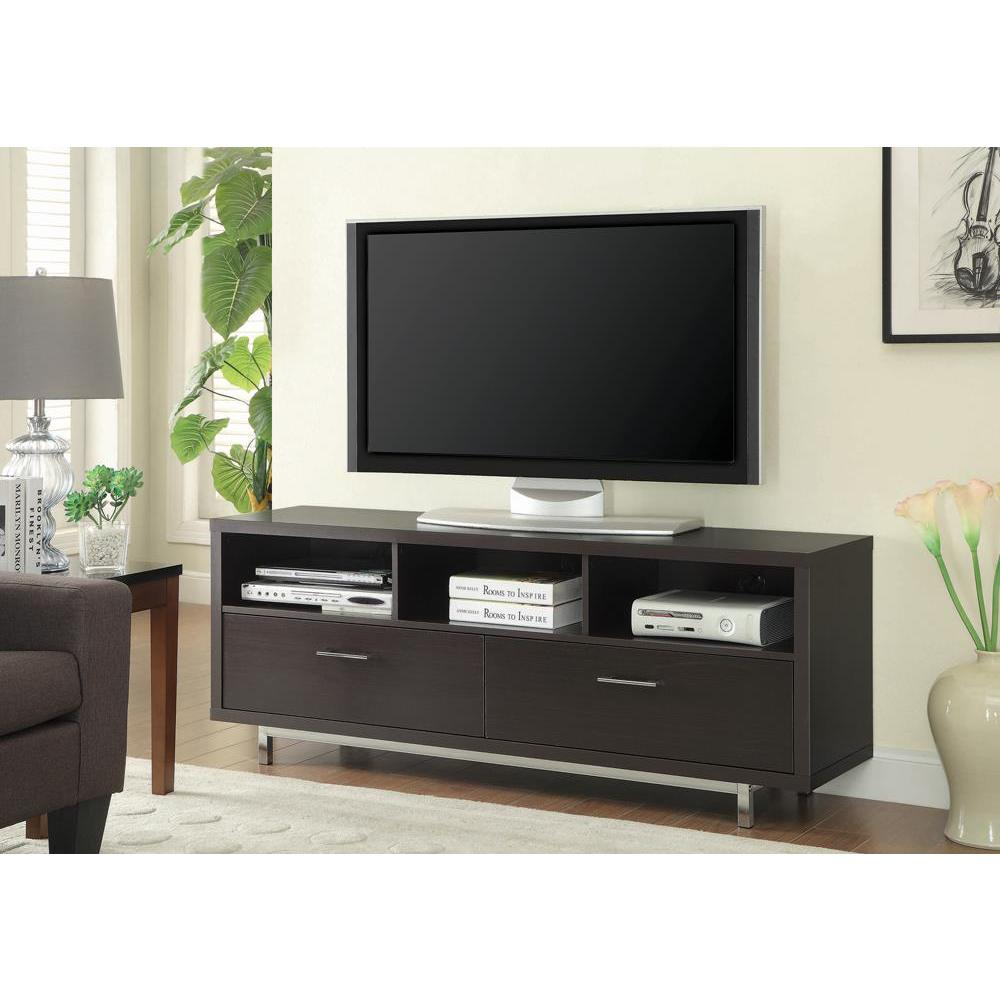 Start2Finish Casey 2-drawer engineered wood TV stand in cappuccino, featuring a 60-inch width and modern furniture design.