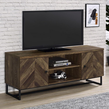 Start2Finish Myles 2-door engineered wood TV stand in rustic oak finish, featuring a 60-inch width and modern furniture design.