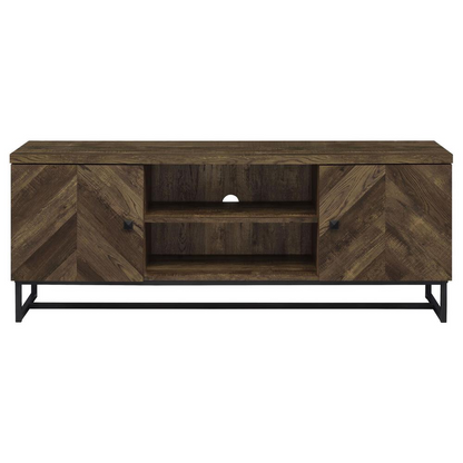 Rustic oak Myles 2-door engineered wood TV stand by Start2Finish with a 60-inch wide, modern furniture design.