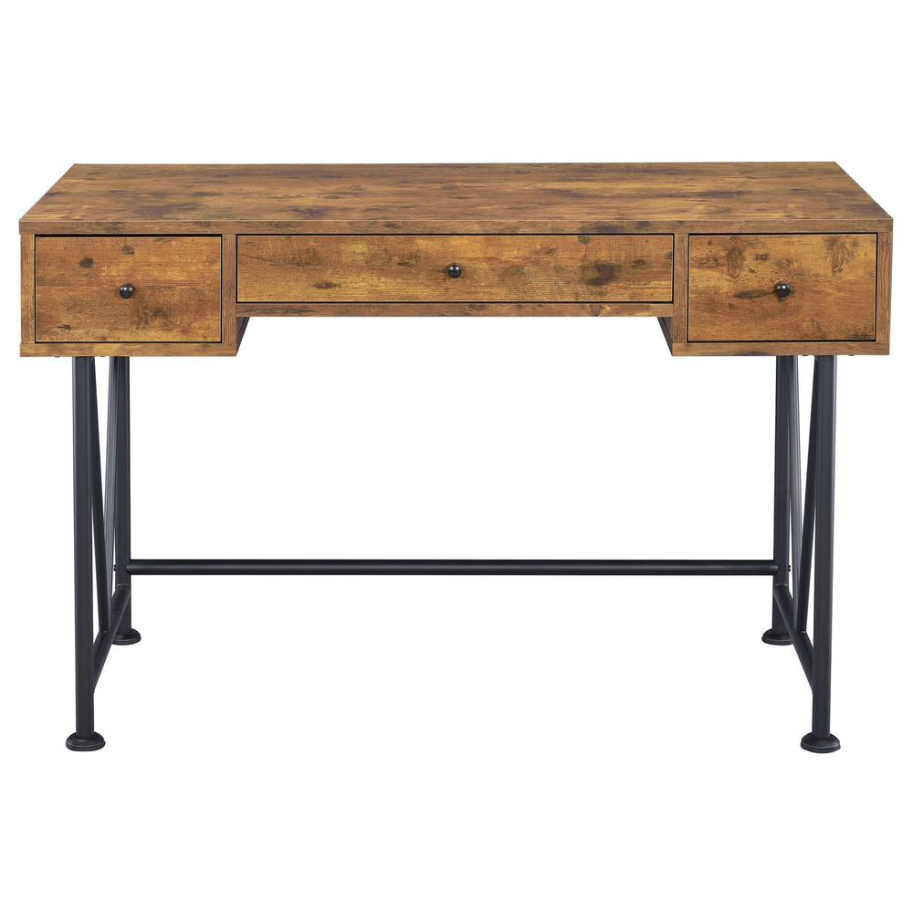 Rustic Nutmeg Analiese 47-inch 3-drawer writing desk from Start2Finish with wooden finish and metal drawer handles.