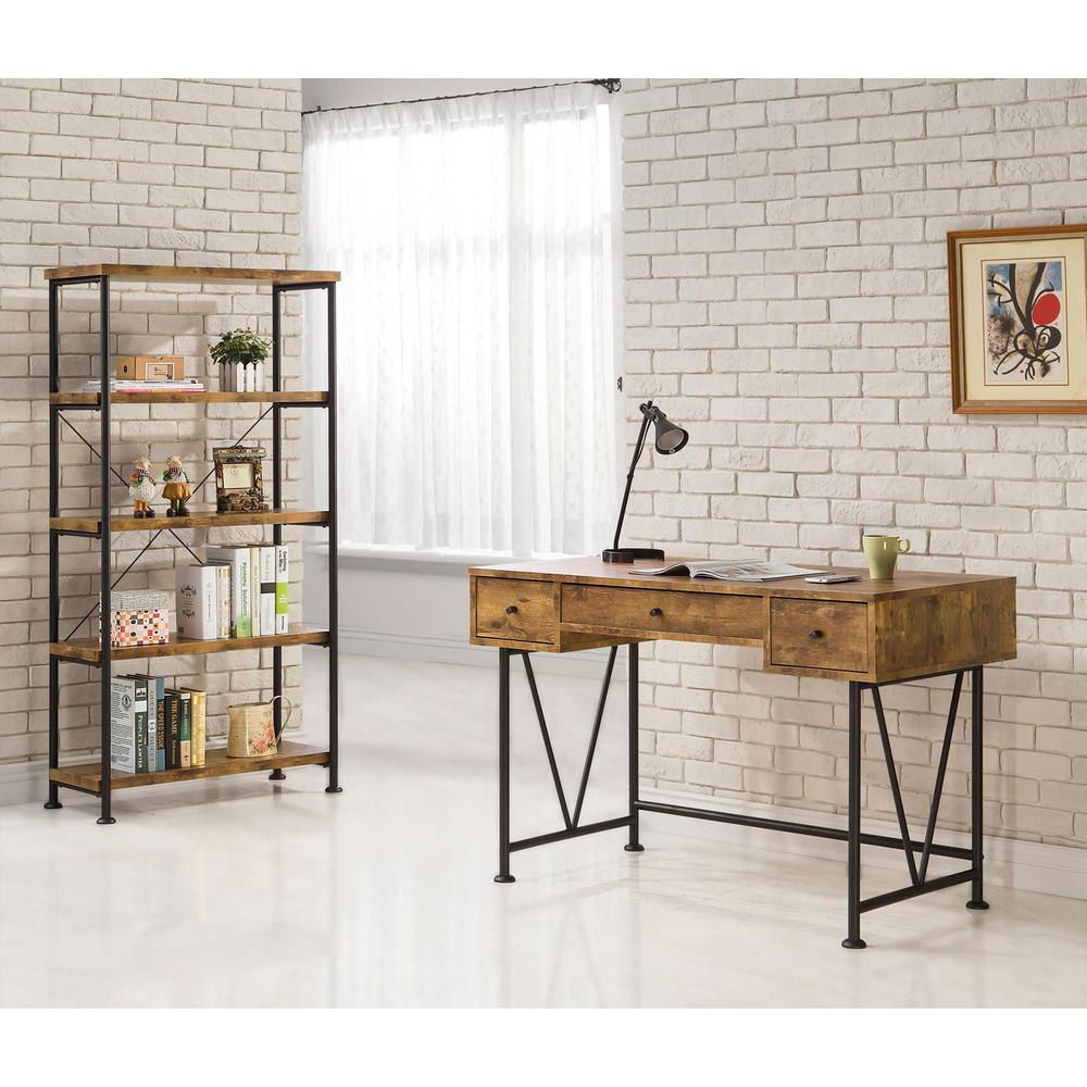 Rustic Nutmeg Analiese 2-piece computer desk and bookcase set by Start2Finish, featuring wood grain finish and versatile storage.