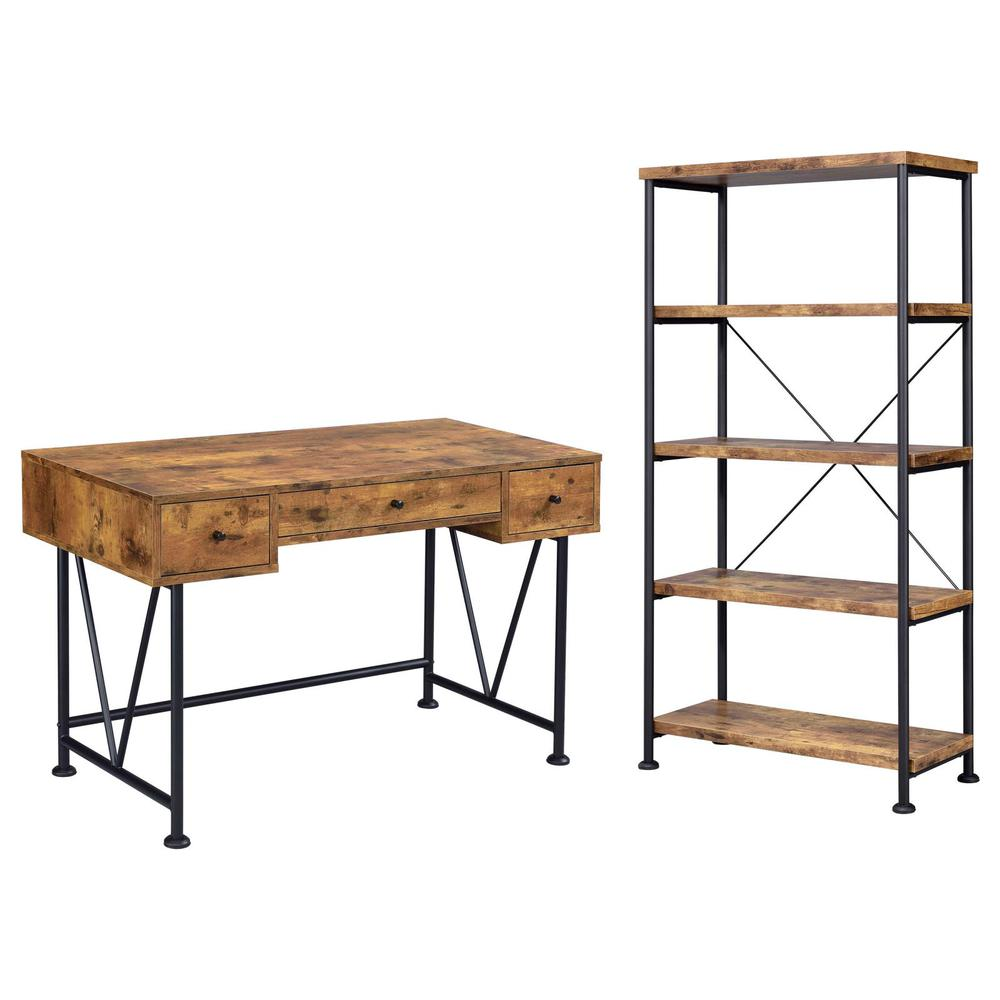 Rustic nutmeg Analiese 2-piece computer desk and bookcase set by Start2Finish, featuring woodgrain finish and modern design.