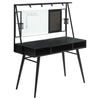 Start2Finish Jessie 47-inch black writing desk with built-in whiteboard and USB ports, shown with smooth wooden surface and modern design.
