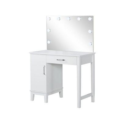 Start2Finish Elijah vanity set with white and dark grey finish, includes lighting and matching stool, ideal for bedroom use.