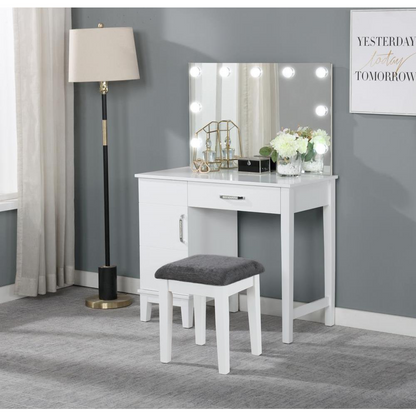 Start2Finish Elijah vanity set with lighting, white finish, dark grey accents, includes matching stool and modern design.
