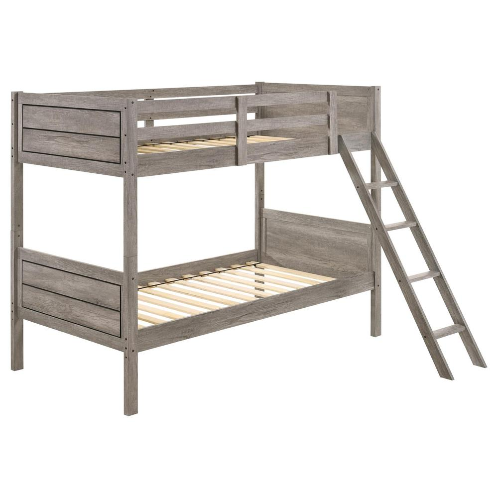 Weathered taupe Ryder Wood twin over twin bunk bed from Start2Finish with a sturdy frame and built-in ladder for top bunk access.