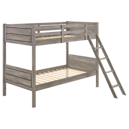 Weathered taupe Ryder Wood twin over twin bunk bed from Start2Finish with a sturdy frame and built-in ladder for top bunk access.