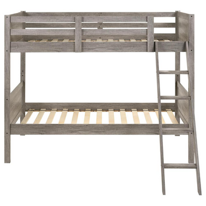 Weathered taupe Ryder Wood twin over twin bunk bed by Start2Finish, showcasing sturdy wooden construction and classic design.
