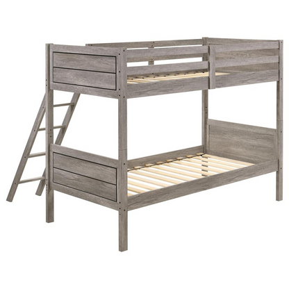 Weathered taupe Ryder Wood twin over twin bunk bed by Start2Finish with sturdy frame and ladder for kids&