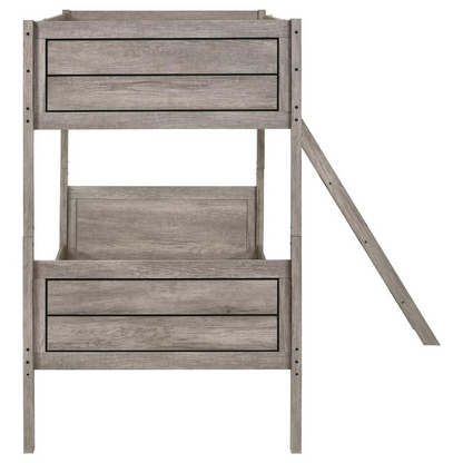 Weathered taupe Ryder Wood twin over twin bunk bed by Start2Finish with sturdy frame and classic design, shown in a well-lit room.