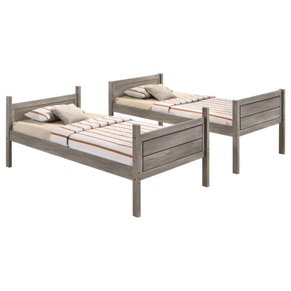 Weathered taupe Ryder Wood twin over twin bunk bed by Start2Finish with sturdy frame and built-in ladder, ideal for shared bedrooms.