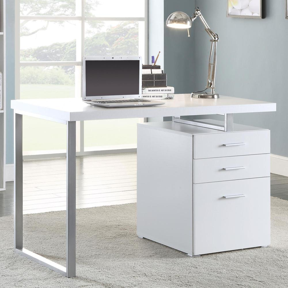 Start2Finish Brennan 47-inch white office computer desk with three drawers and a sleek modern design.