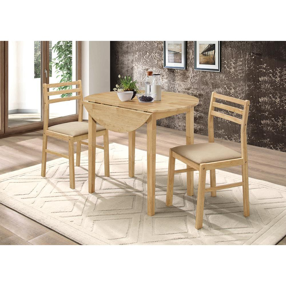 Start2Finish Bucknell 3-piece round drop leaf dining table set in natural wood finish with matching chairs.