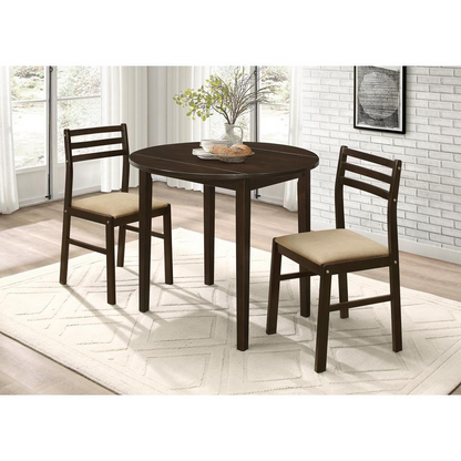 Start2Finish Bucknell 3-piece round drop leaf dining table set in cappuccino with matching chairs and table surface.