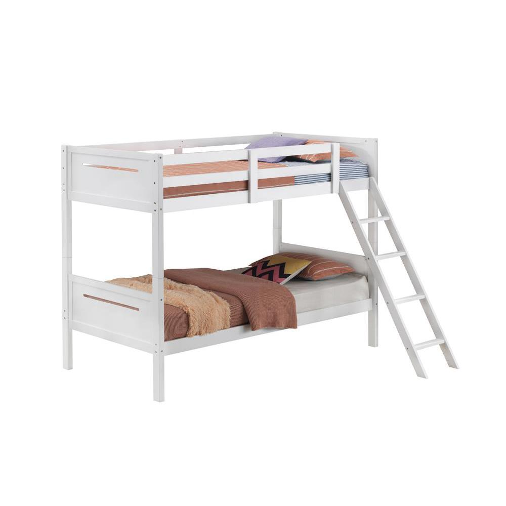 White Littleton Wood Twin Over Twin Bunk Bed by Start2Finish showing sturdy frame and ladder in a bedroom setting