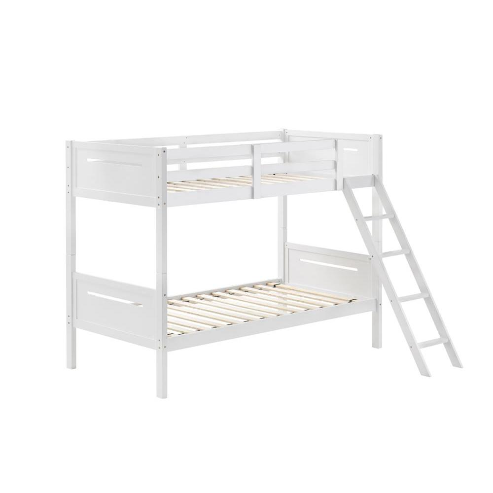 White Littleton Wood Twin Over Twin Bunk Bed by Start2Finish, showing the sturdy wooden frame and ladder in a bright bedroom setting.